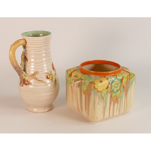 237 - Clarice Cliff for Newport Pottery, Floral Relief Jug together with Biscuit Barrel missing lid. Heigh... 