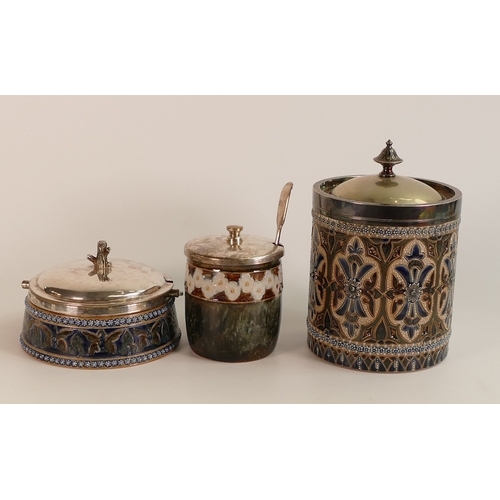 239 - Doulton Lambeth Saltglaze Stoneware Biscuit Barrel and two Condiment Pots (3)