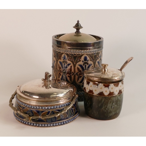 239 - Doulton Lambeth Saltglaze Stoneware Biscuit Barrel and two Condiment Pots (3)