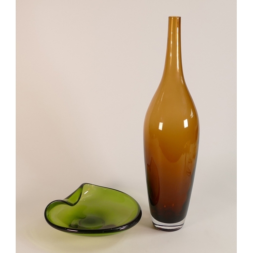 245 - Holmegaard Green Freeform Bowl together with an unmarked amber glass bottle vase. Height of tallest:... 