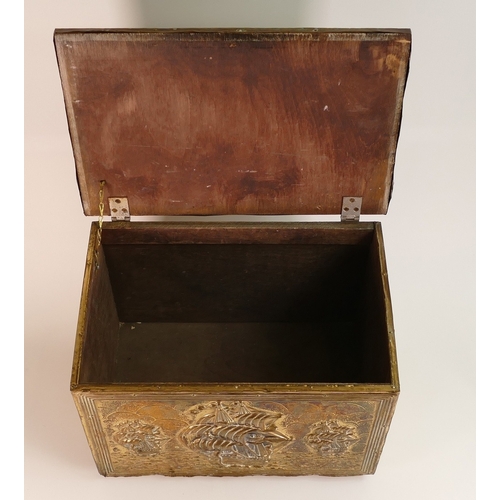 249 - Brass Log Bin with Relief Galleons to Lid and Sides. Height: 28cm