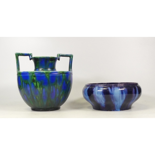 344 - An MH Astra Ware Twin Handled Vase together with a blue drip glaze planter with kiln stilt impressio... 