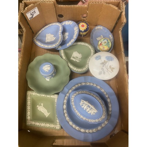 18 - A Collection of Wedgwood Jasperware dishes, pots, plates together with two enamel pill boxes etc.