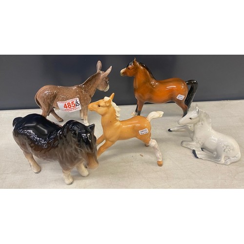 485 - Beswick selection including A Donkey, Light Grey Mottled Lying Foal, Stretched Pony Light Brown, She... 