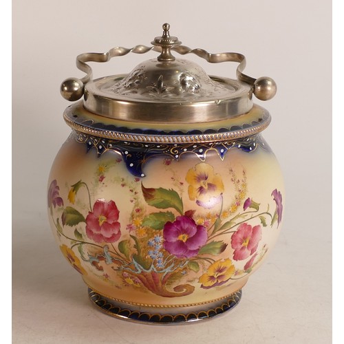 63 - Carlton Blush ware metal mounted biscuit barrel with the Pansy decoration, by Wiltshaw & Robinson, c... 