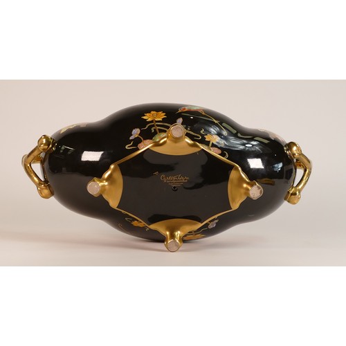 71 - Carlton Ware gondola shaped two handled gilded centre piece, Noire Royale, decorated with Kingfisher... 