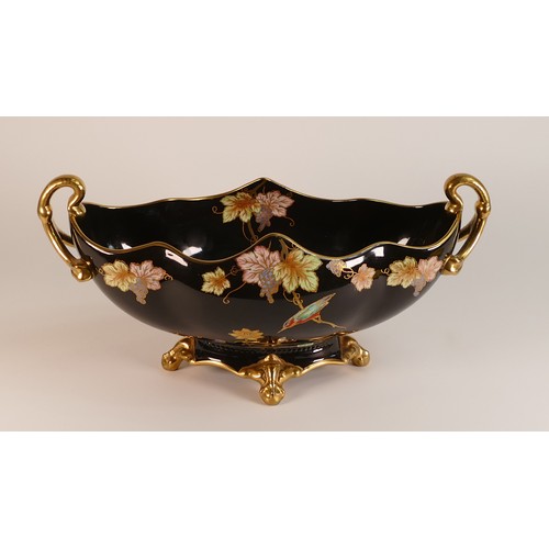 71 - Carlton Ware gondola shaped two handled gilded centre piece, Noire Royale, decorated with Kingfisher... 