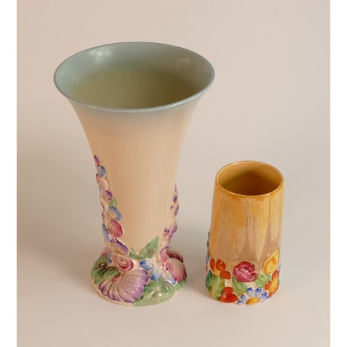 74 - Clarice Cliff for Wilkinson Ltd. Foxglove pattern trumpet vase and My Garden pattern small vase. Hei... 