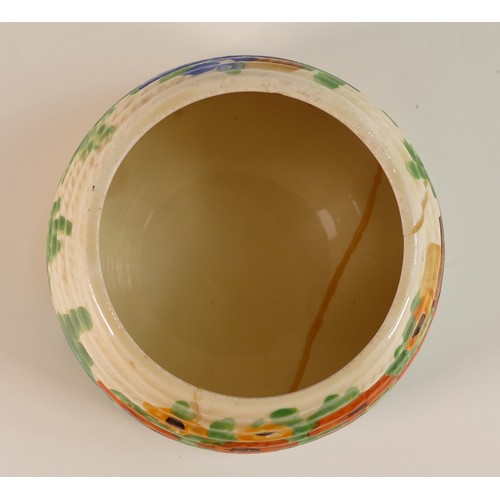 82 - Clarice Cliff for Newport Pottery, Beehive honey pot and cover in a floral garden design. Height: 9.... 