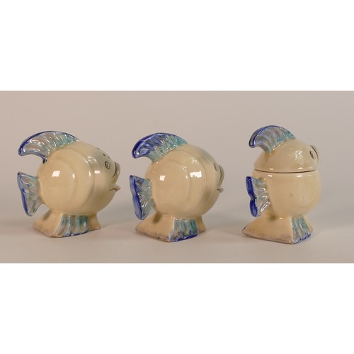 88 - Clarice Cliff for Newport Pottery, three Mr Fish cruet items. (3) Height: 7cm