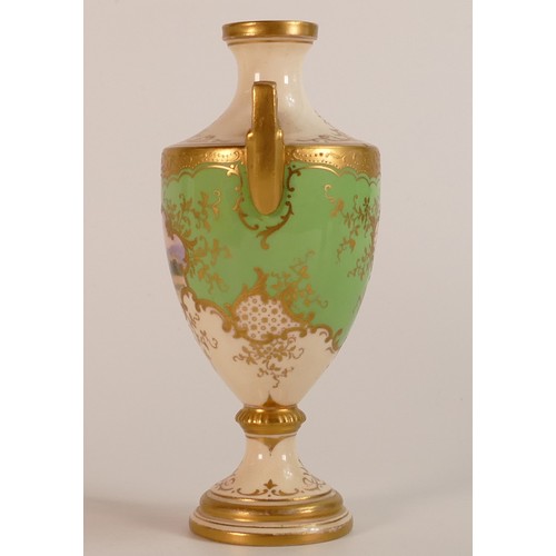 118 - Coalport two handled gilded vase, hand painted with panel of castle and landscape scene, h.15cm.