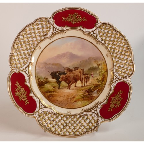 123 - J. Plant for Coalport, hand painted porcelain cabinet plate. Red ground panels with raised gilt deco... 