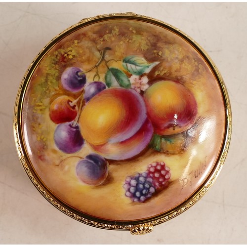 125 - Royal Worcester circular trinket pot from the Connoisseur Collection, painted fruit and peaches, sig... 