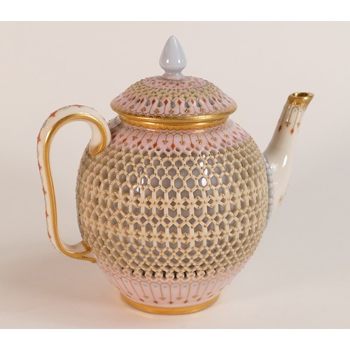 157 - George Owen for Royal Worcester, reticulated porcelain jewelled tea pot with pink ground colours and... 