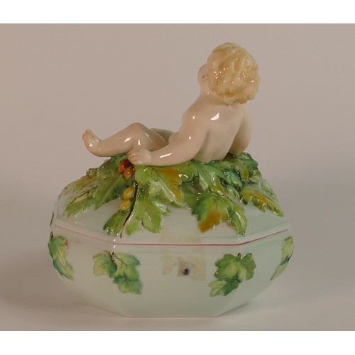 159 - Henri Bargas for Royal Worcester, lidded box with modelled lid of a child and leaves. Puce backstamp... 