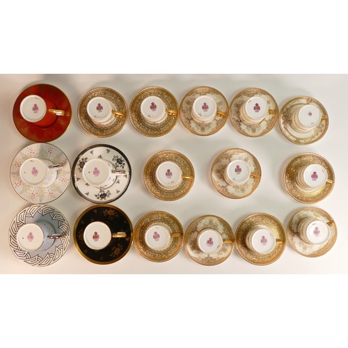 167 - Seventeen Minton coffee cans and saucers including - Art Deco, gilt and cream and raised floral exam... 