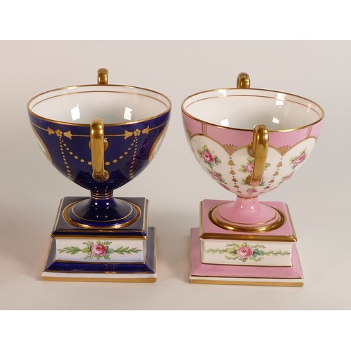 174 - Minton, two pedestal vases. One on dark blue, the other on fond pink ground on square socle bases. H... 