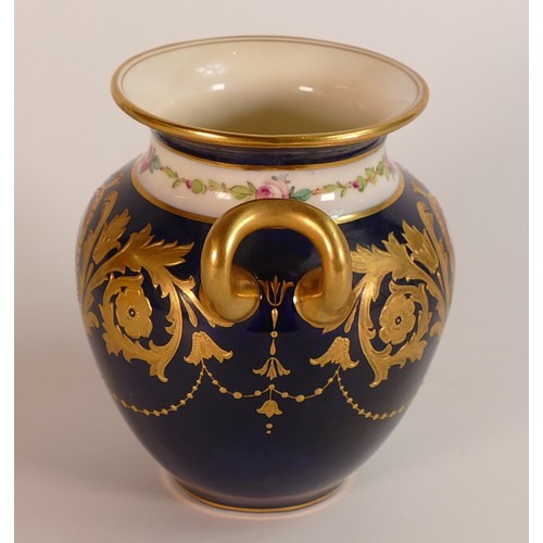 186 - Minton gilded two handled vase, decorated with portrait panels on royal blue ground, h.11.5cm.