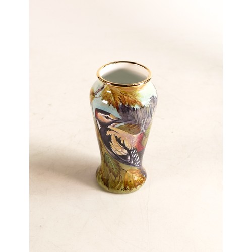 214 - Moorcroft enamel Greater Spotted Woodpecker vase by Nigel Creed. Limited edition 75/75. Boxed with c... 