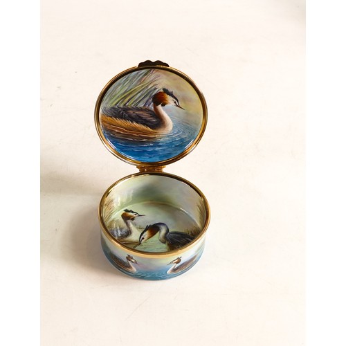 216 - Moorcroft enamel Great Crested Grebe lidded box by Nigel Creed. Limited edition 27/50. Boxed with ce... 