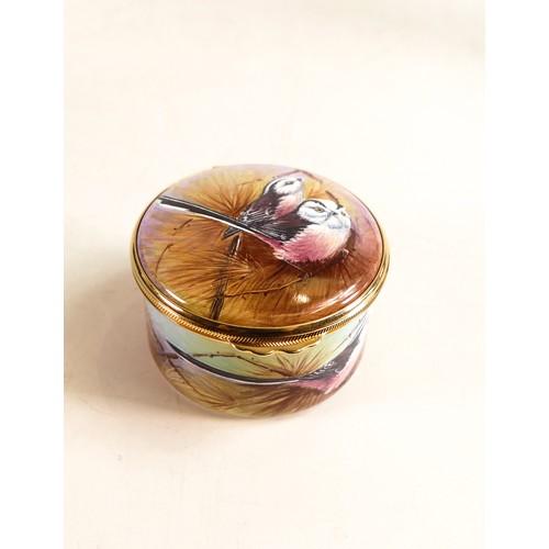 218 - Moorcroft enamel Long Tailed Tits lidded box by Nigel Creed. Limited edition 20/50. Boxed with certi... 