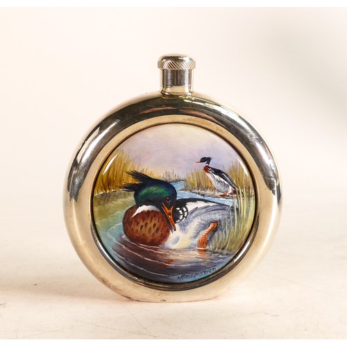 219 - Moorcroft enamel and silver Red Breasted Merganser hip flask by Nigel Creed. Limited edition 23/50. ... 