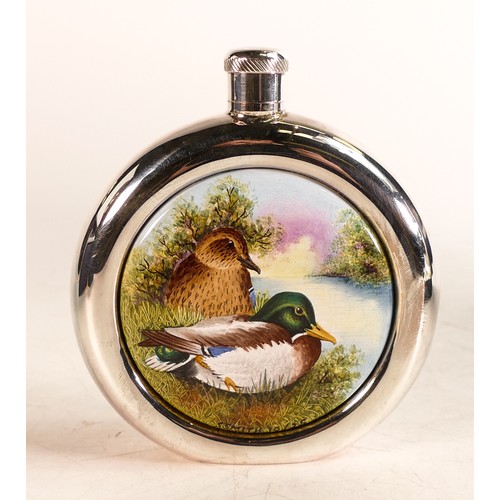 220 - Moorcroft enamel and silver Mallard hip flask by S Smith. Limited edition 10/25. Boxed with certific... 