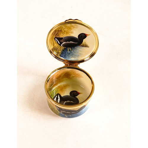 223 - Moorcroft enamel Moor Hen lidded box by Stephen Smith. Limited edition 18/40. Boxed with certificate... 