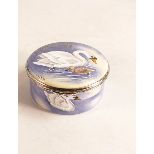 234 - Moorcroft enamel Swans round lidded box by Stephen Smith. Limited edition 36/50. Boxed with certific... 