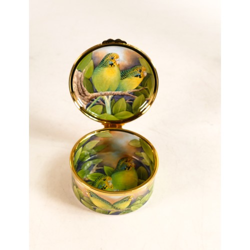 239 - Moorcroft enamel Budgerigars round lidded box by Stephen Smith. Limited edition 1/3. Boxed, diameter... 