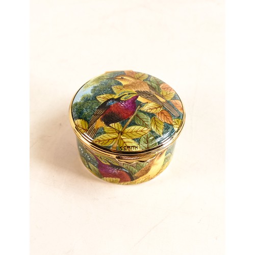 243 - Moorcroft enamel Sunbirds round lidded box by Stephen Smith. Limited edition 32/50. Boxed with certi... 