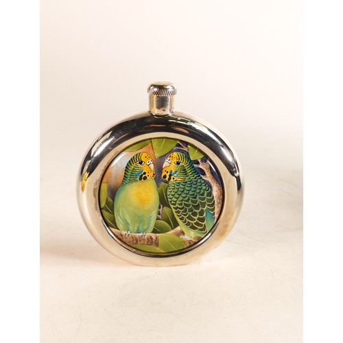 247 - Moorcroft enamel and silver Budgerigar hip flask by Stephen Smith. Limited edition, number 1. Boxed ... 