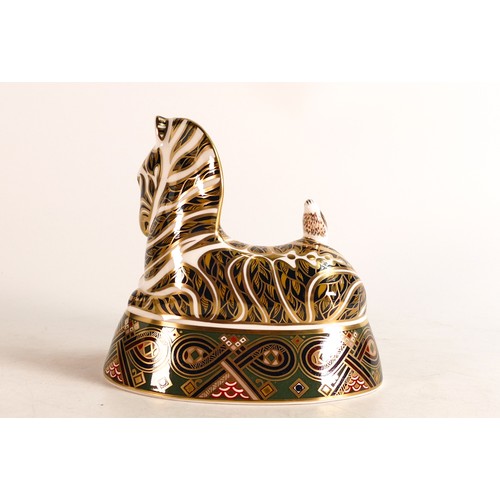 341 - Royal Crown Derby paperweight Harrods Zebra. Boxed, gold stopper.