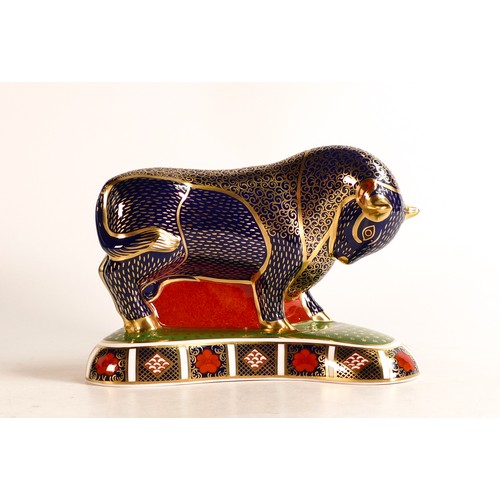 344 - Royal Crown Derby paperweight, Bull, gold stopper, boxed.