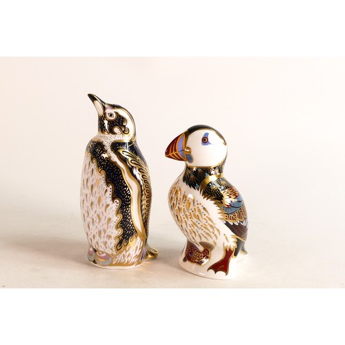 358 - Royal Crown Derby paperweight, Penguin and Chick and Puffin. Gold stoppers, boxed (2)