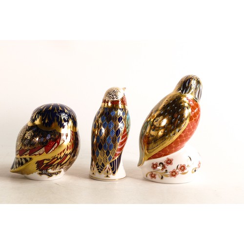 366 - Three Royal Crown Derby paperweights, King Fisher, Humming Bird & Owl, gold stopper, boxed (3)