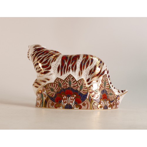 373 - Royal Crown Derby Bengal Tiger large paperweight, gold stopper, boxed.