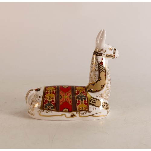 376 - Royal Crown Derby paperweight Llama, gold stopper, boxed.