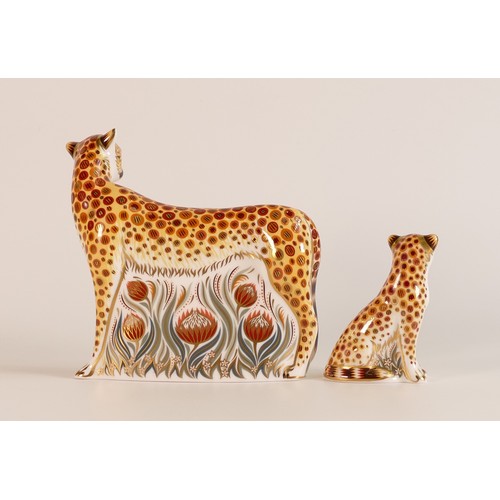 385 - Royal Crown Derby Cheetah paperweight and Cheetah Cub, both with gold stoppers, with certs, each box... 