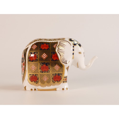 386 - Royal Crown Derby Paperweight small Elephant, gold stopper, boxed.