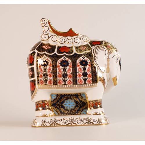 387 - Royal Crown Derby large elephant with howdah, gold stopper. Boxed.