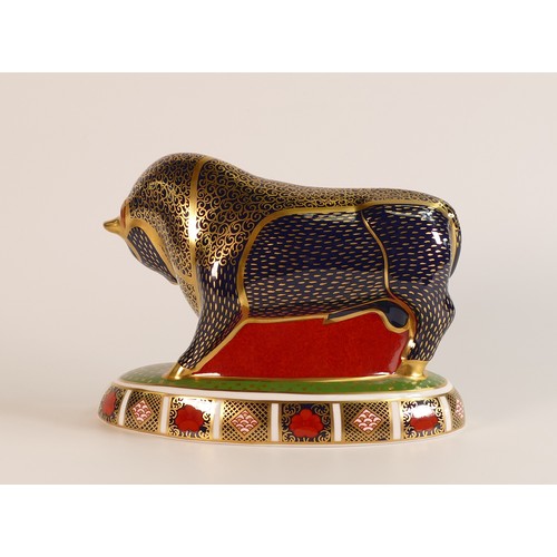 400 - Royal Crown Derby paperweight, Bull, gold stopper, boxed.