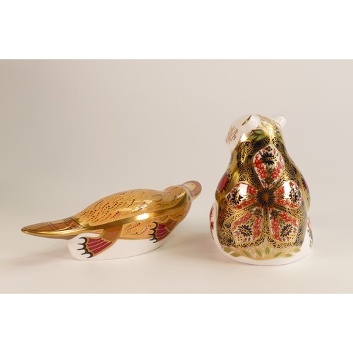 403 - Royal Crown Derby paperweights Imari Honey Bear and Australian Duck Billed Platypus. Gold stopper, b... 