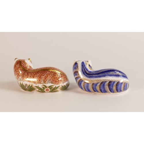 405 - Royal Crown Derby Paperweights Leicestershire Fox and Artic Fox, one gold, one missing stopper, boxe... 