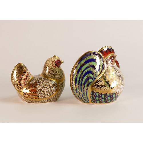 408 - Royal Crown Derby paperweights Farmyard Hen and Farmyard Cockerel, gold stoppers, boxed, with certs.