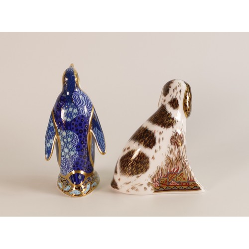 413 - Royal Crown Derby paperweights Emperor penguin and Molly the dog, gold stoppers, boxed (2)