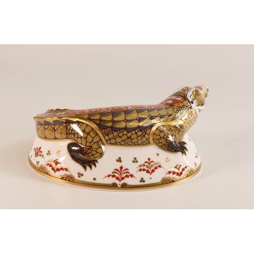 414 - Royal Crown Derby paperweight Crocodile, gold stopper, boxed.