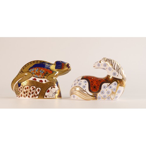 416 - Royal Crown Derby paperweights Chameleon and Horse, gold stoppers, boxed. (2)