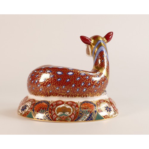 418 - Royal Crown Derby paperweight Deer, gold stopper, boxed.