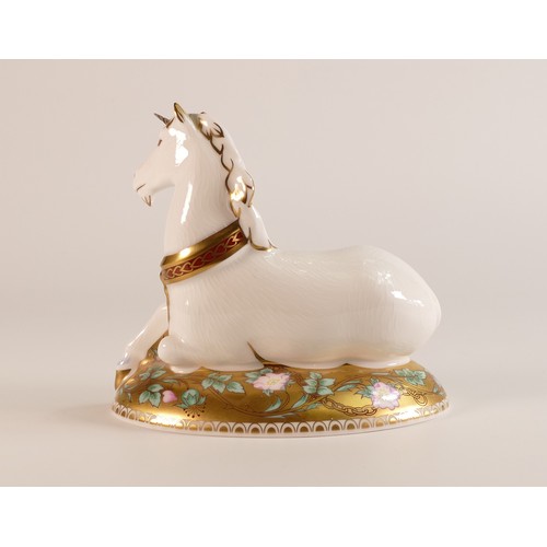 419 - Royal Crown Derby paperweight Mythical Unicorn, gold stopper, boxed, with cert.